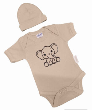 setje romper en muts met opdruk van een olifant