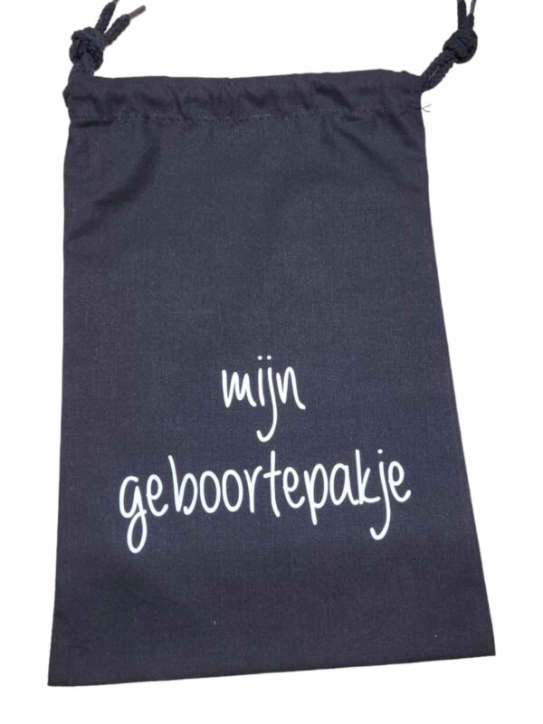 katoen opbergzakje met de opdruk mijn geboortepakje